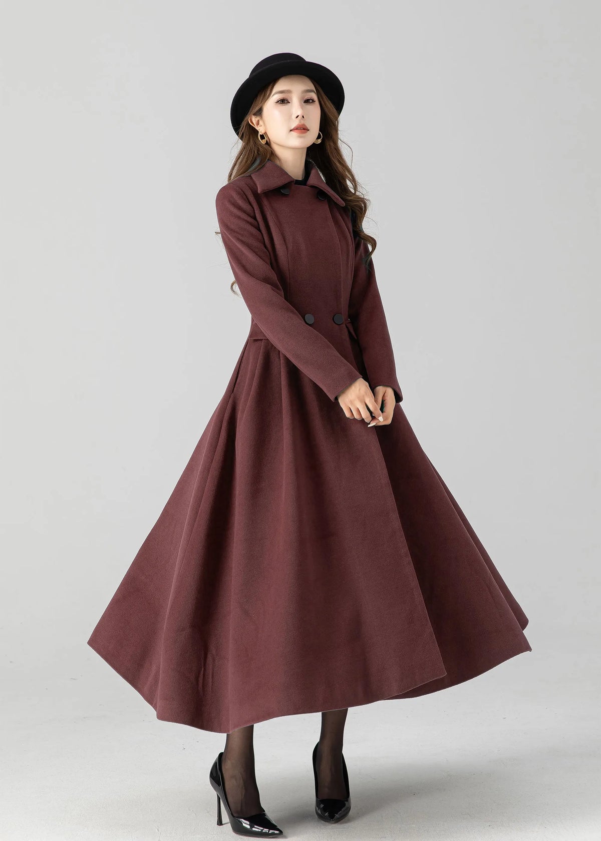 Burgundy Wool Long Coat - Vintage Inspired A-Line Swing 5506