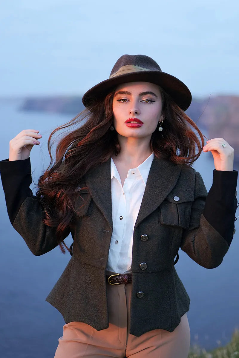 Handmade Army Green Wool Jacket – Vintage Military Short Coat with Belt 