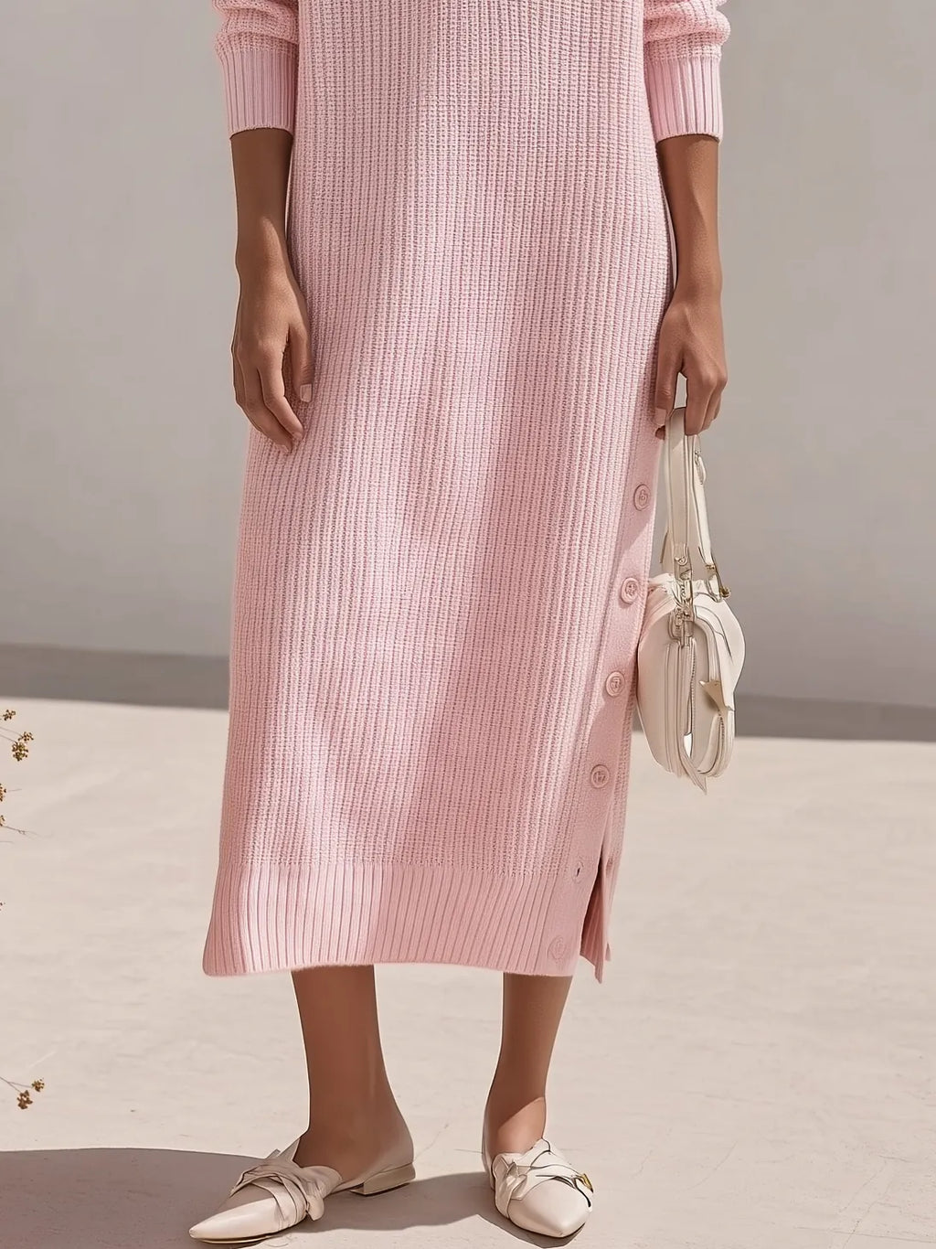 Old Money Resort Light Pink V Ribbed Knit Midi Dress