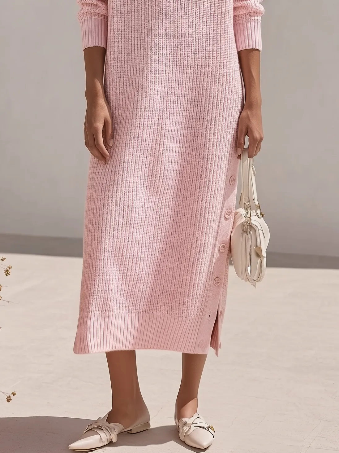 Old Money Resort Light Pink V Ribbed Knit Midi Dress