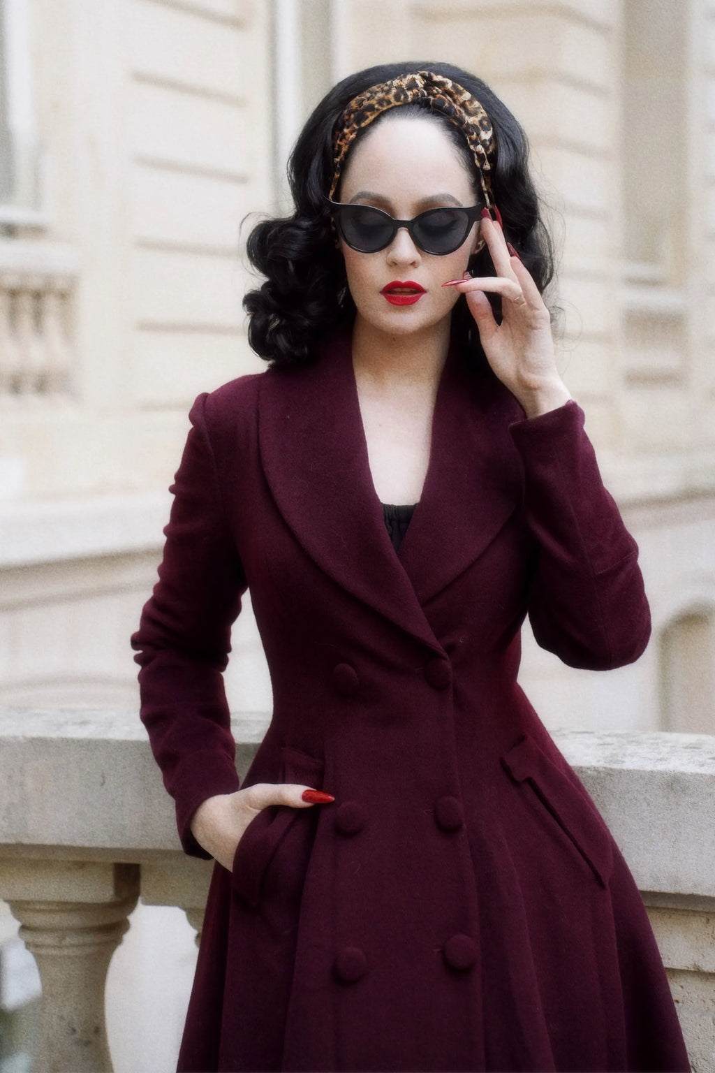 Handmade Burgundy Wool Swing Coat – Vintage Fit and Flare Double-Breasted Overcoat 