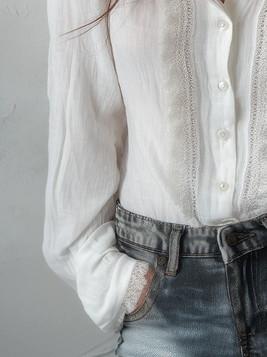 Vintage Lace Trim Long Sleeve Cotton Blouse