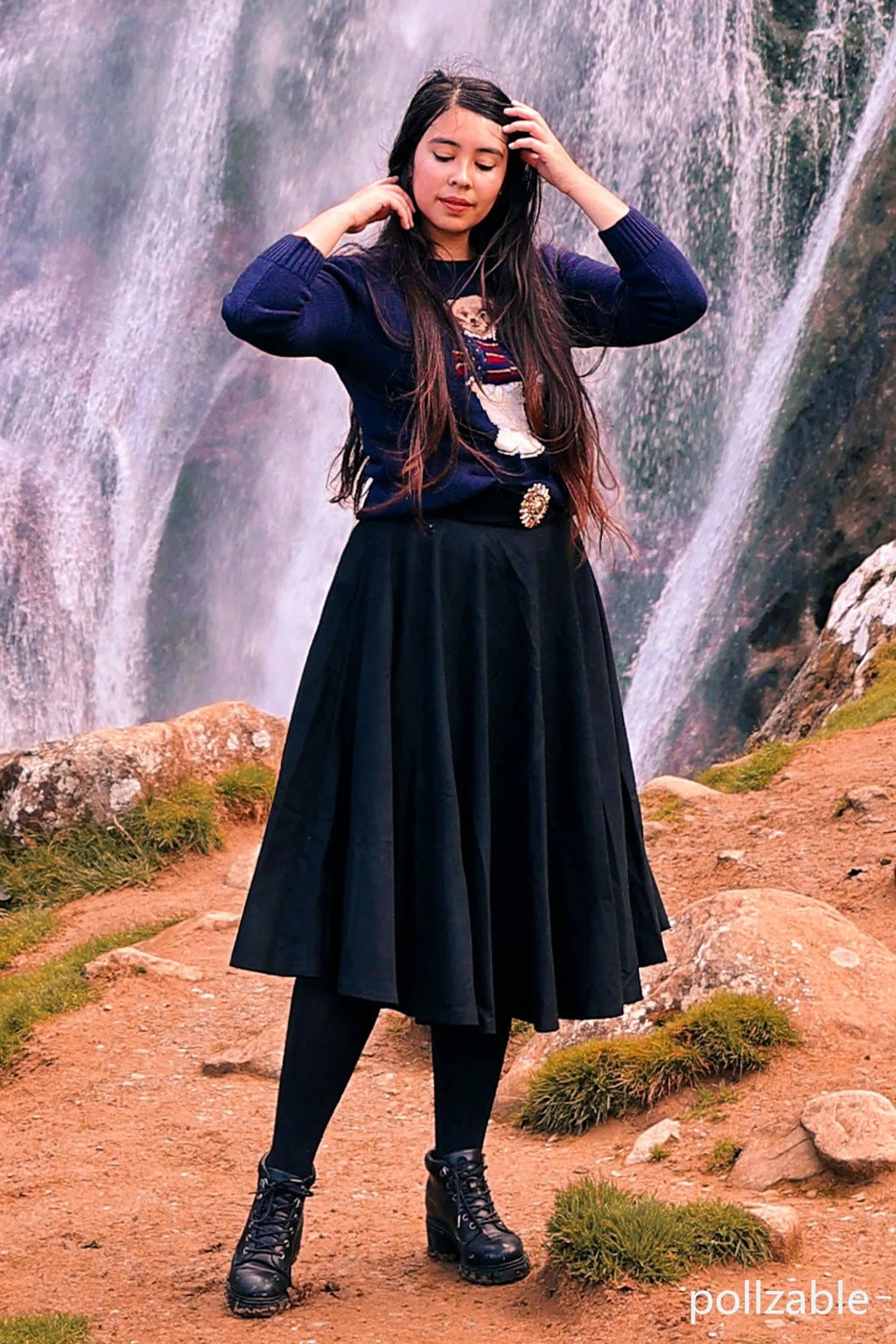 Black Wool Knee Length Circle Skirt - High Waist Vintage Flair 3156