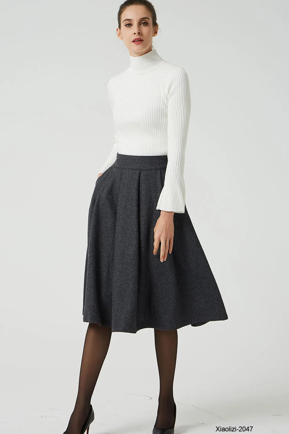 Handmade Wool Pleated Skirt – Dark Gray High Waist Knee Length 