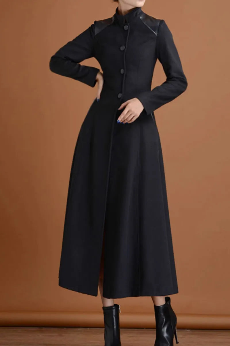 Black Wool Long Coat - Patchwork Detail, Flared Silhouette 4717
