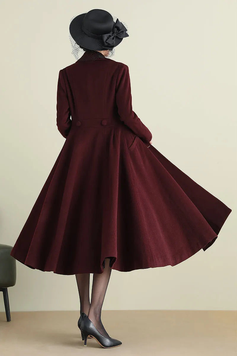 Handmade Wine Red Wool Coat – Vintage Double-Breasted Fit and Flare Overcoat 