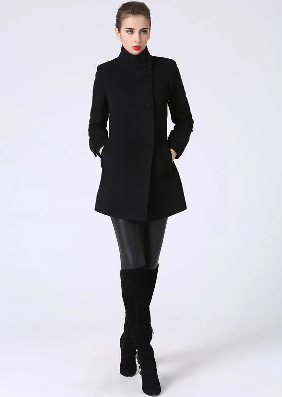 Black Wool Blend Coat - Tailored Short with Stand-Up Collar 1070