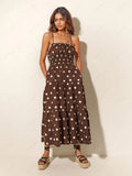 Chocolate And Ivory Polka Dot Trendy Print Pleated Elastic Strap Dress