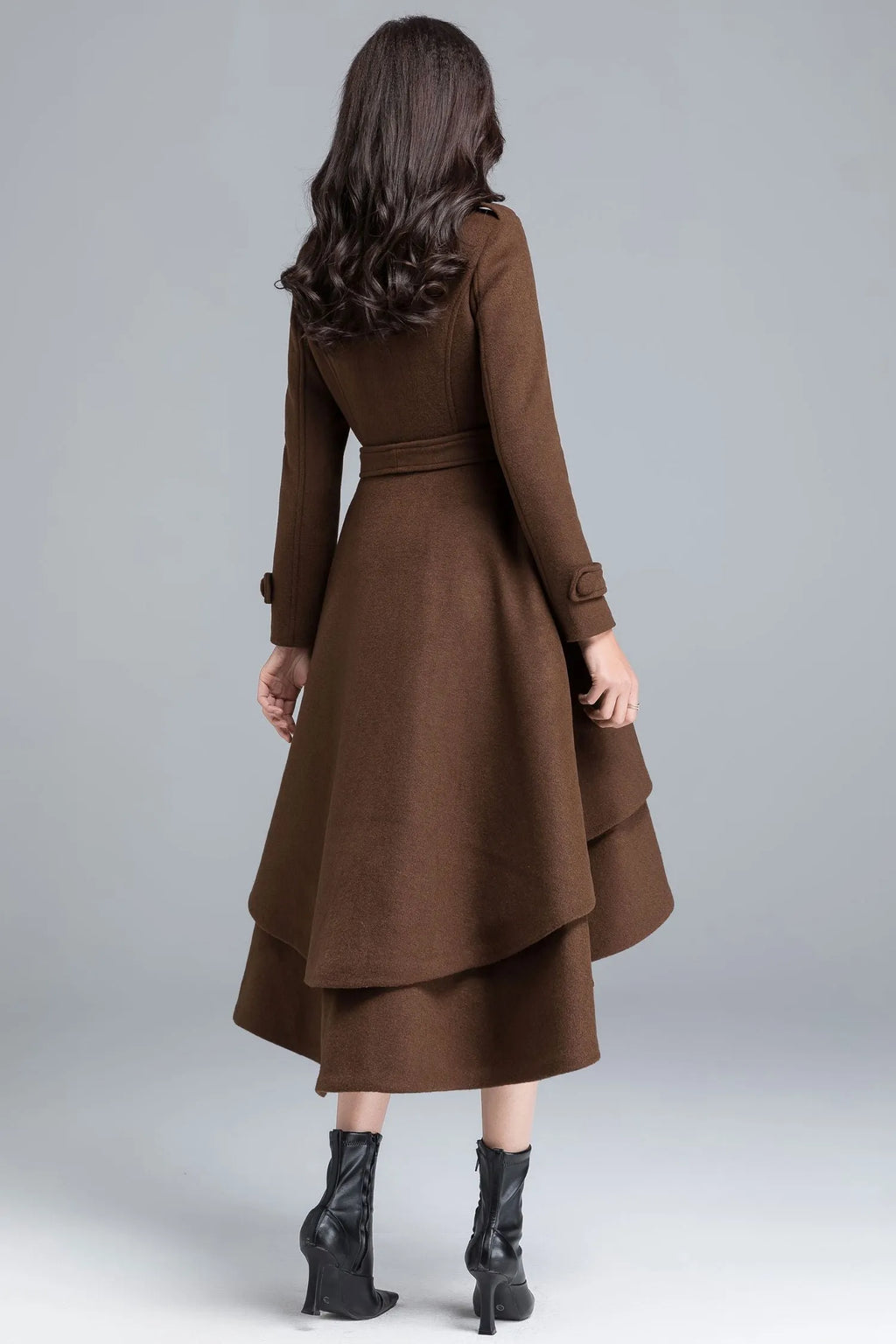 Brown Wool Coat - Asymmetrical Tiered Hem with Self Tie Belt c2491