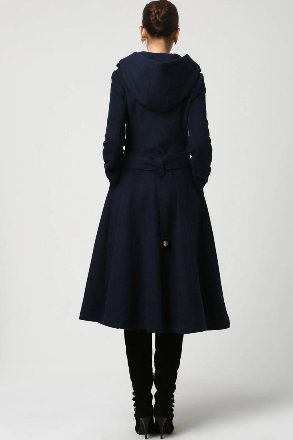 Long Wool Coat with Hood – Double Breasted Navy Blue Winter Coat with Self-Tie Belt  1114