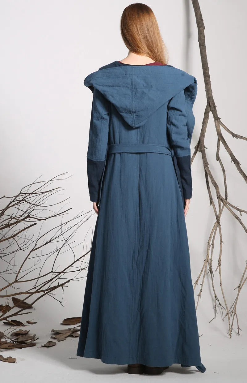 Blue Linen Cotton Trench Coat - Hooded Ankle-Length 