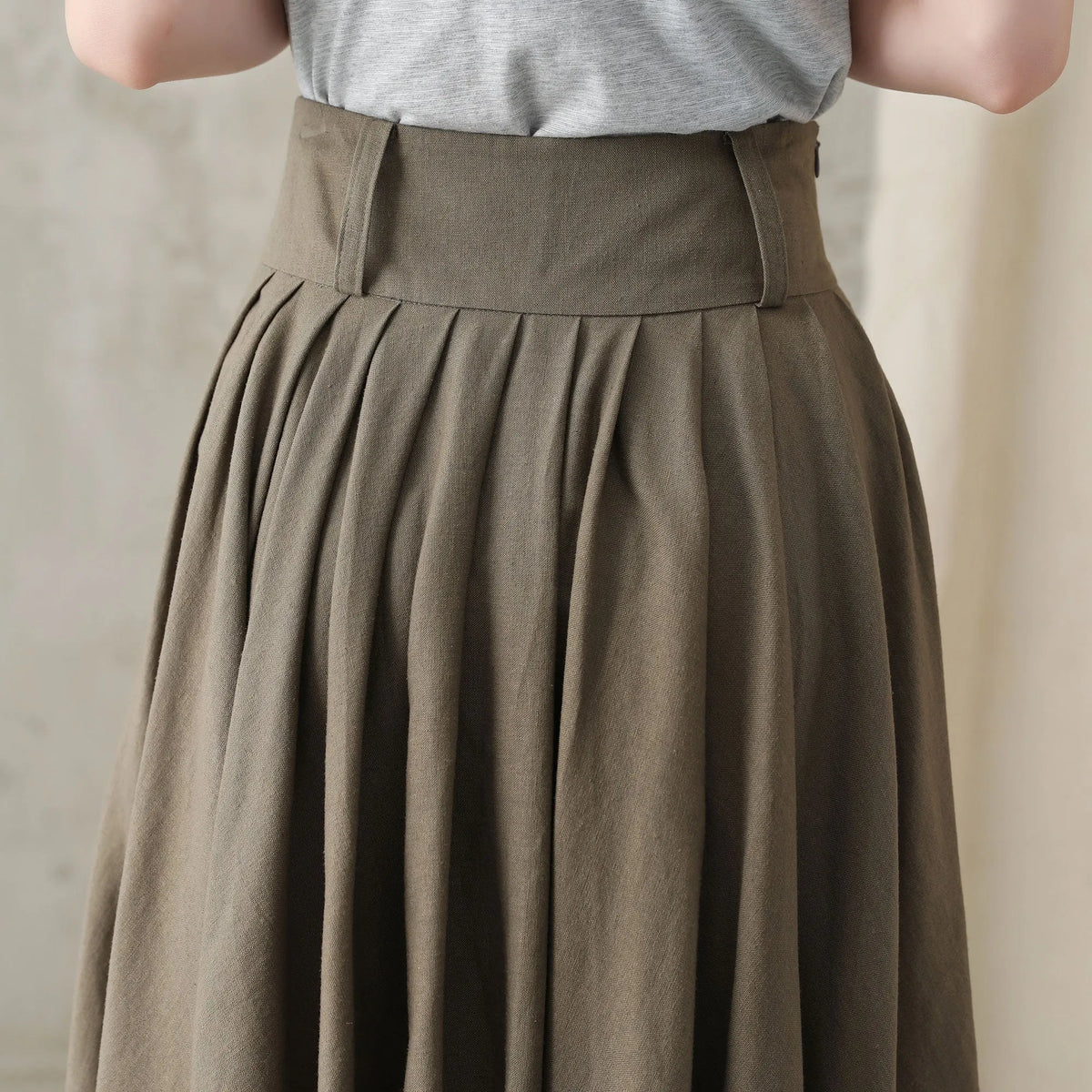 Brown Linen Cotton Midi Skirt - Pleated A-Line High Waist 2589
