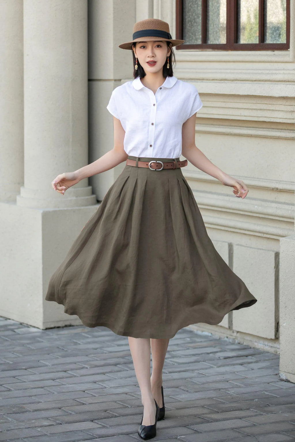 Olive Green Linen Blend Pleated Midi Skirt - A-Line with Pockets 5556