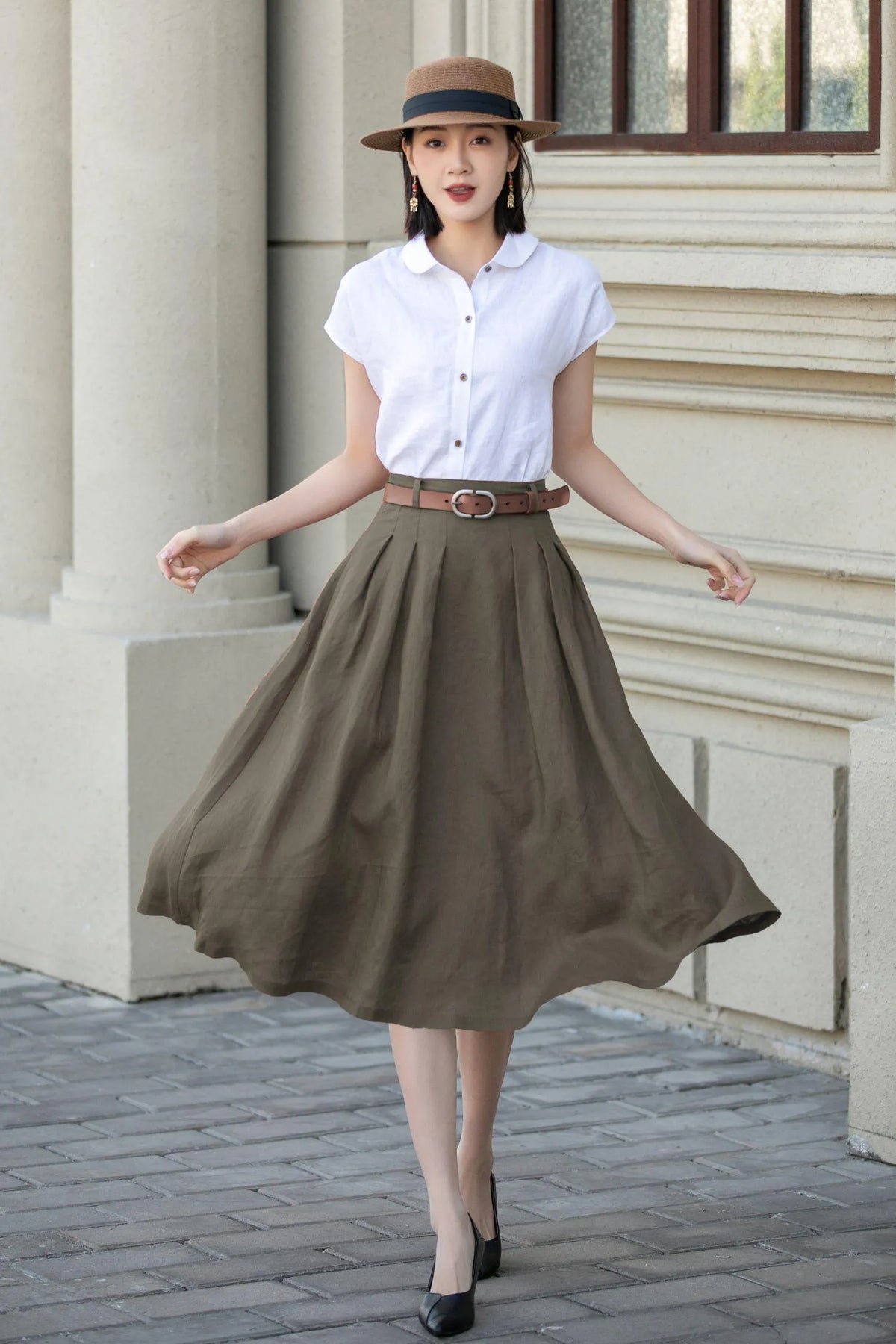 Olive Green Linen Blend Pleated Midi Skirt - A-Line with Pockets 5556