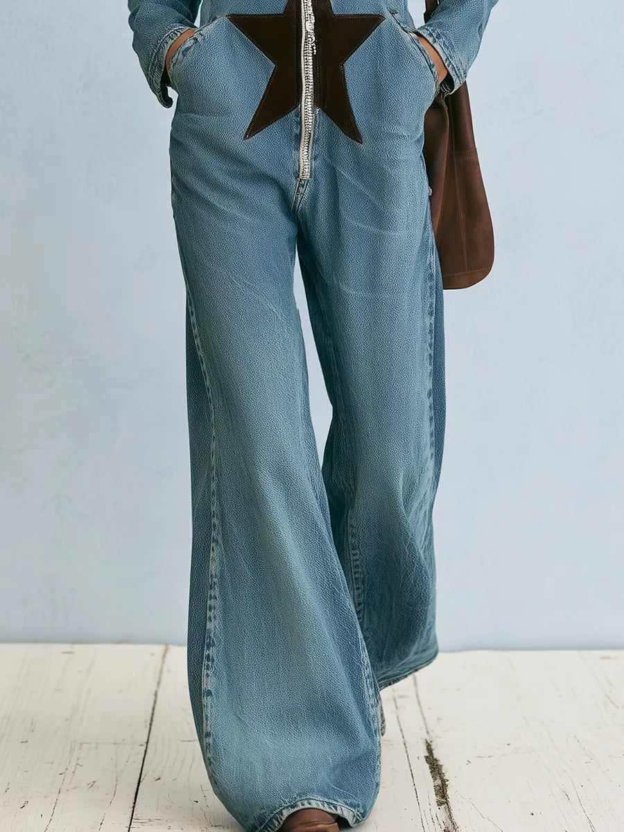Hooded Star Patch Wide Leg Denim Jumpsuit