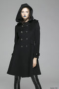 Vintage Wool Coat for Women – Handmade Black Hooded Double Breasted Military Winter Coat 