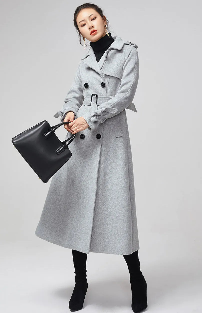 Handmade Gray Wool Trench Coat – Double Breasted Long Winter Overcoat 