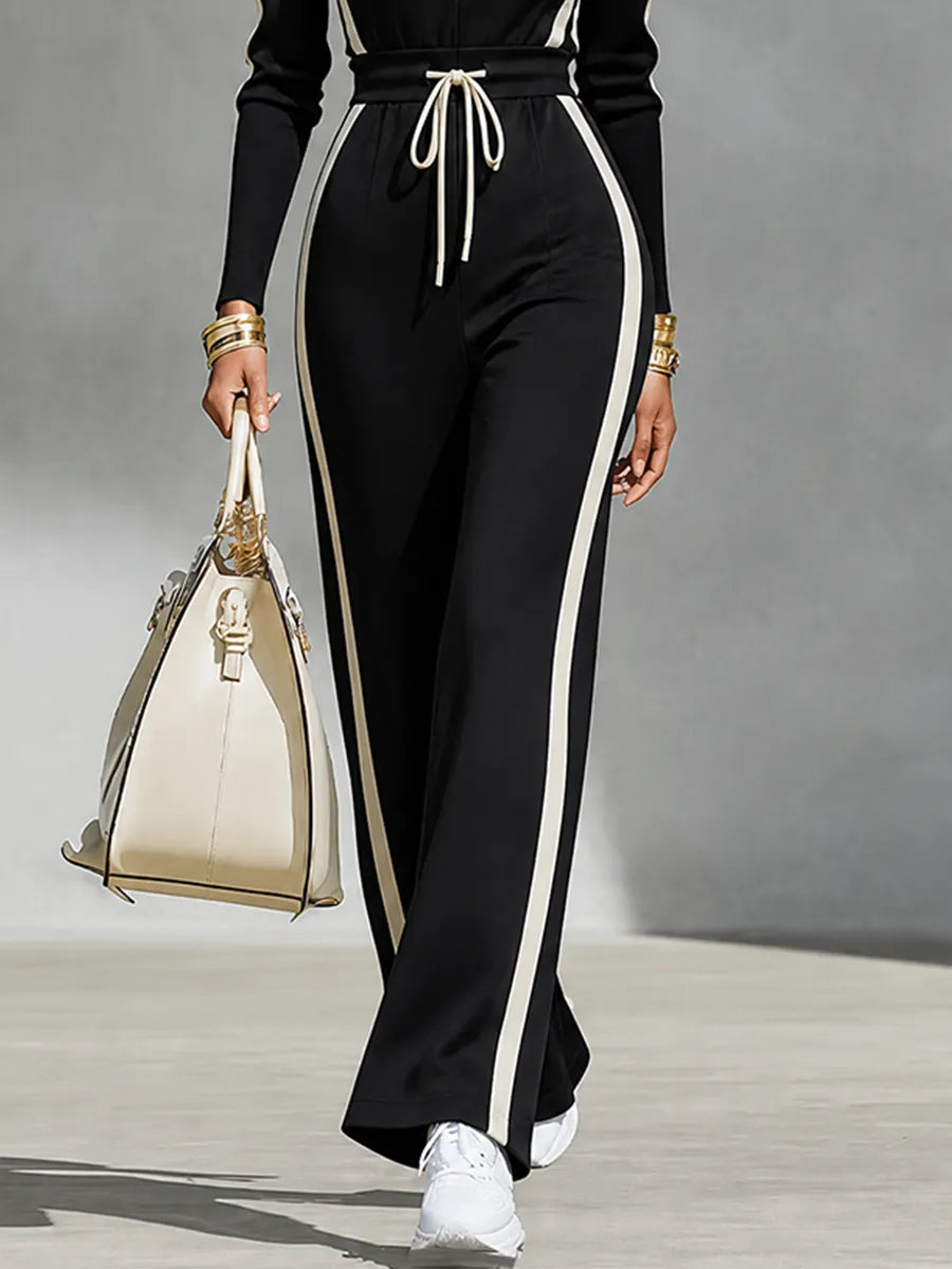 Black Contrast Stripe Tracksuit Set Half Zip Collar Top & Drawstring Waist Wide Leg Pants
