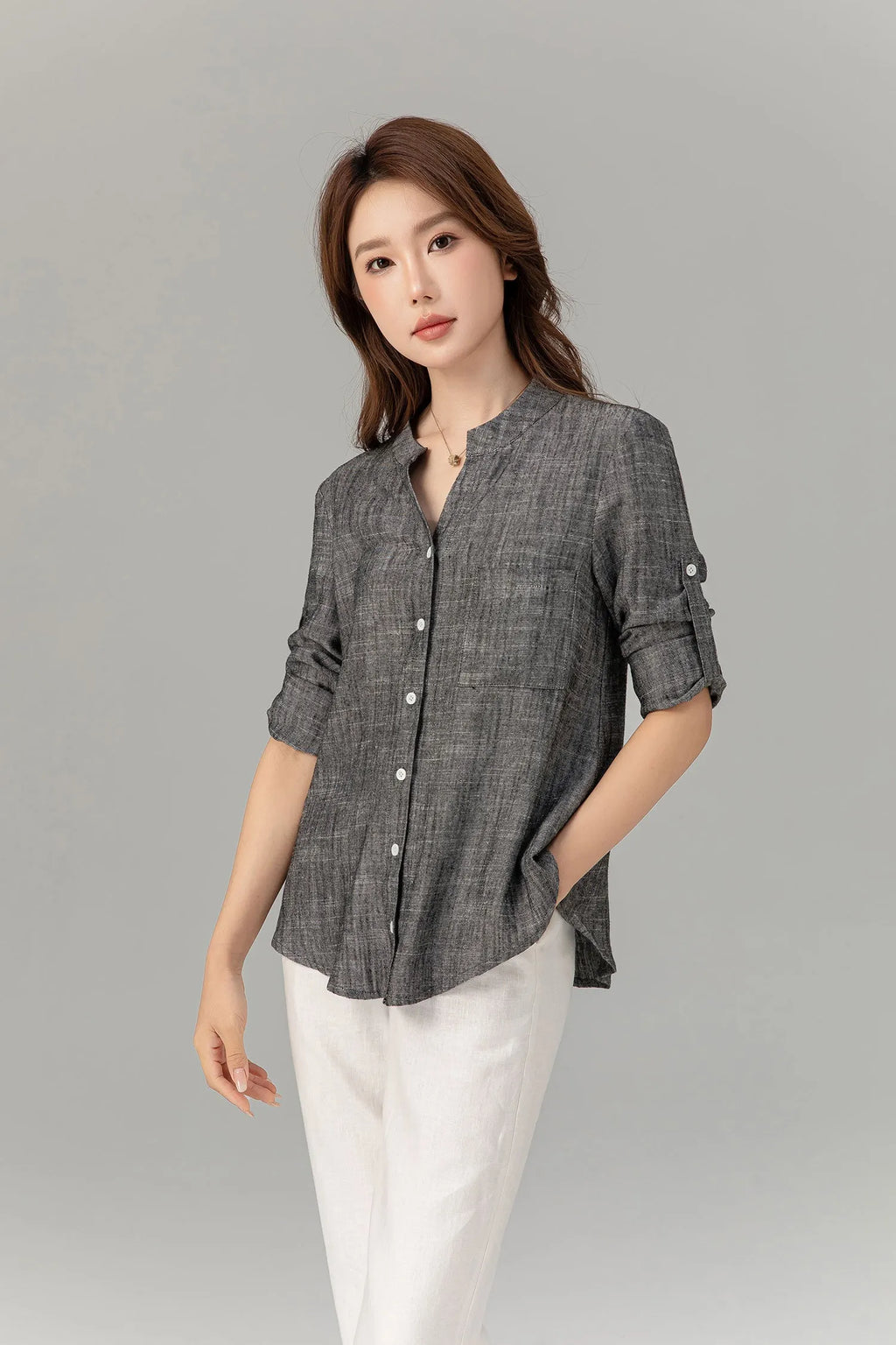 Charcoal Linen Blouse - Button-Down, Long Sleeve, Loose Fit 4915