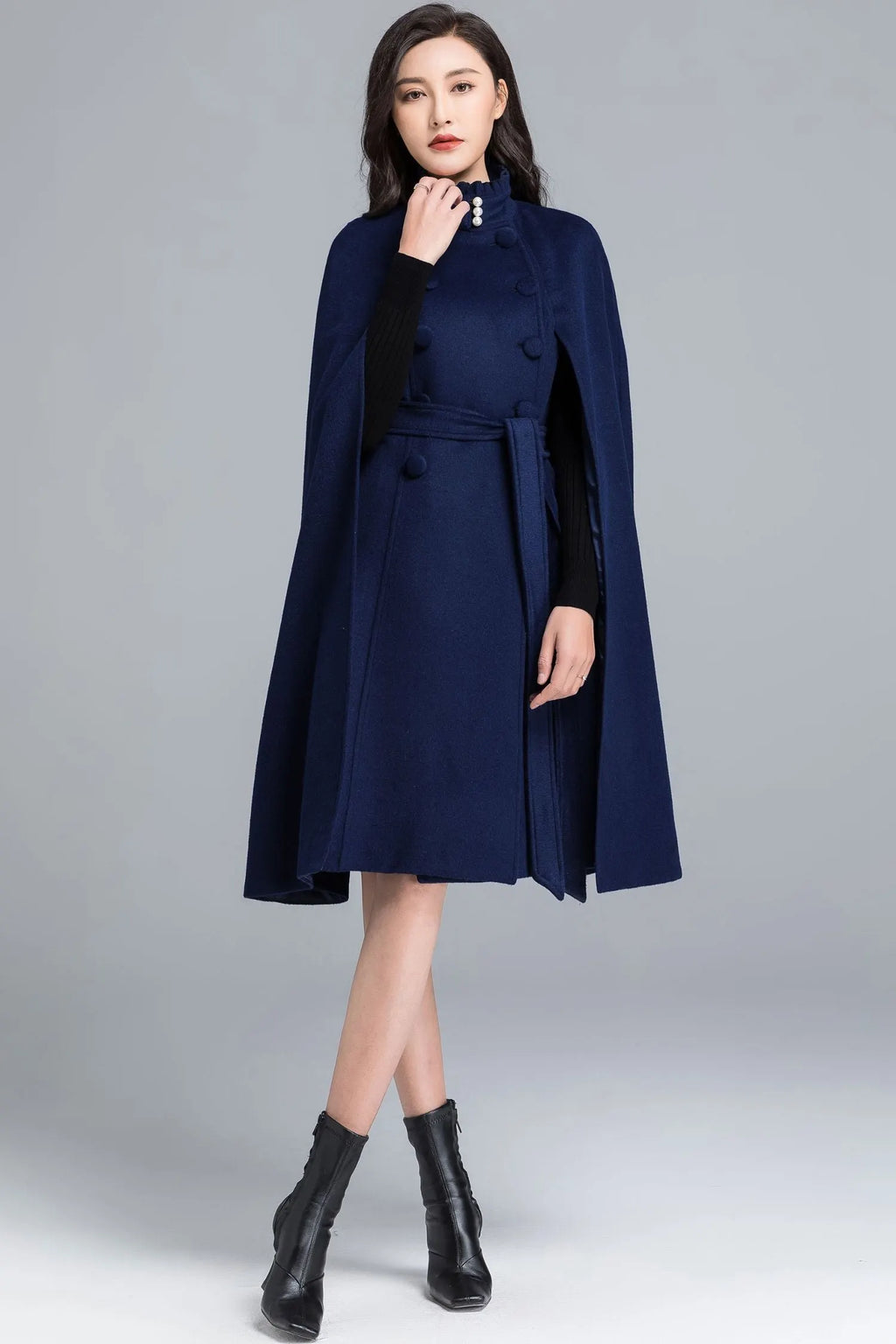 Blue Wool Cape Coat – Women’s Elegant Stand Collar Winter Cloak 2487
