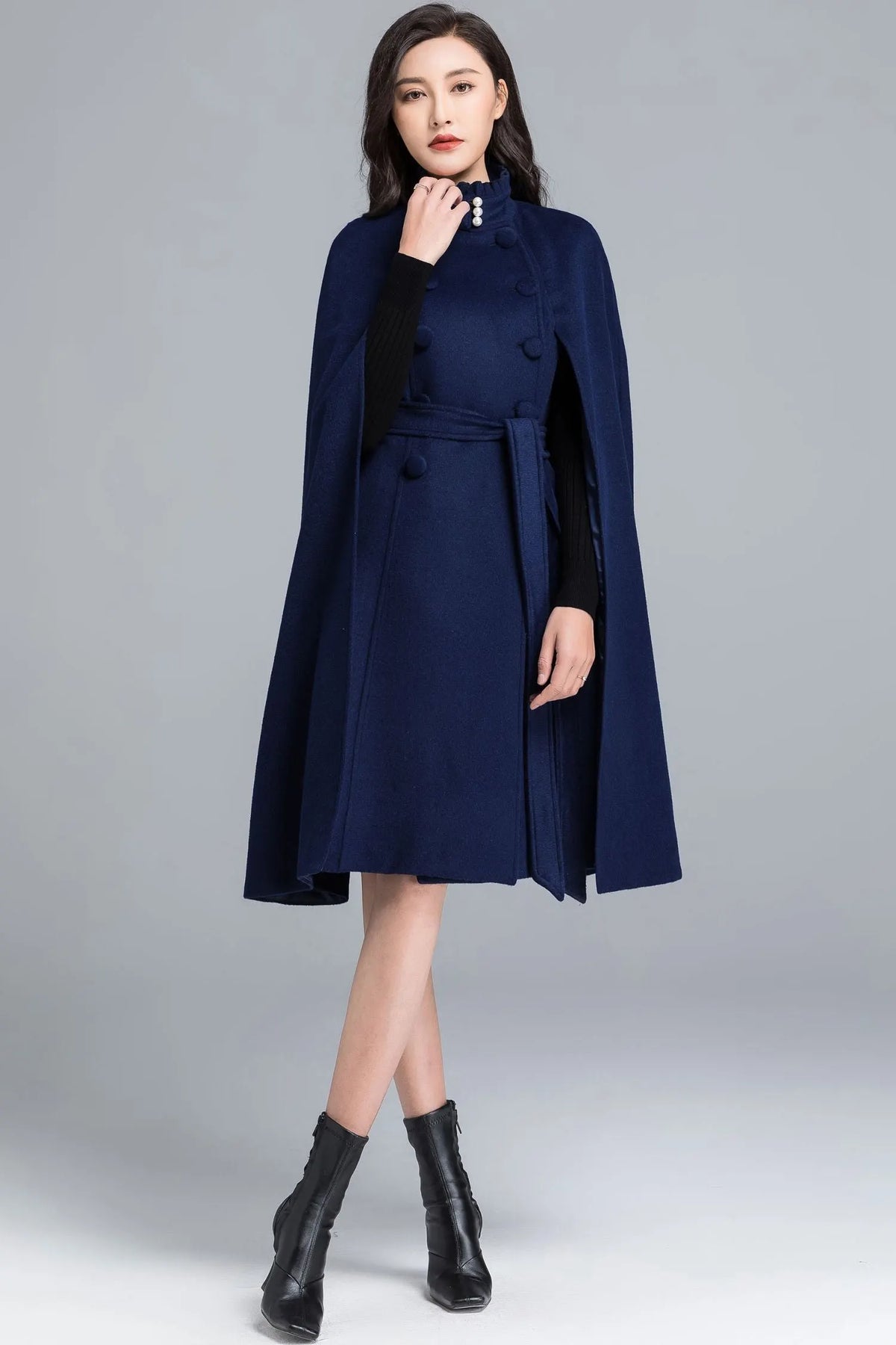 Blue Wool Cape Coat – Women’s Elegant Stand Collar Winter Cloak 2487