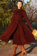 Burgundy Wool Princess Coat – Handcrafted Vintage Fit and Flare Long Winter Coat 4724