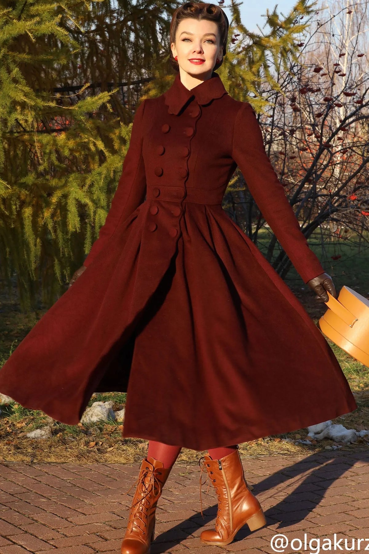 Burgundy Wool Princess Coat – Handcrafted Vintage Fit and Flare Long Winter Coat 4724