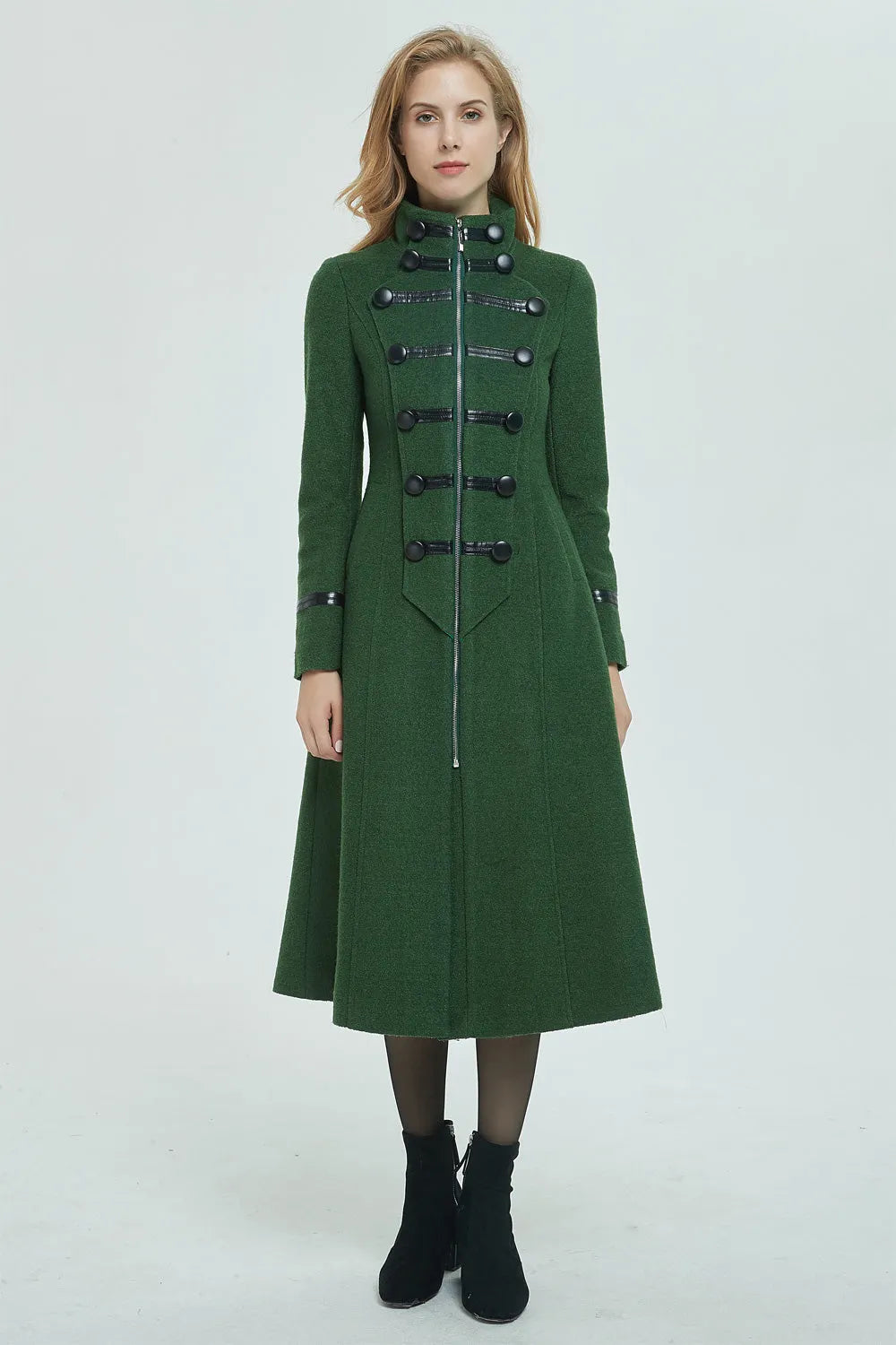 Vintage Wool Coat for Women – Handmade Green Military Style Long Winter Coat 