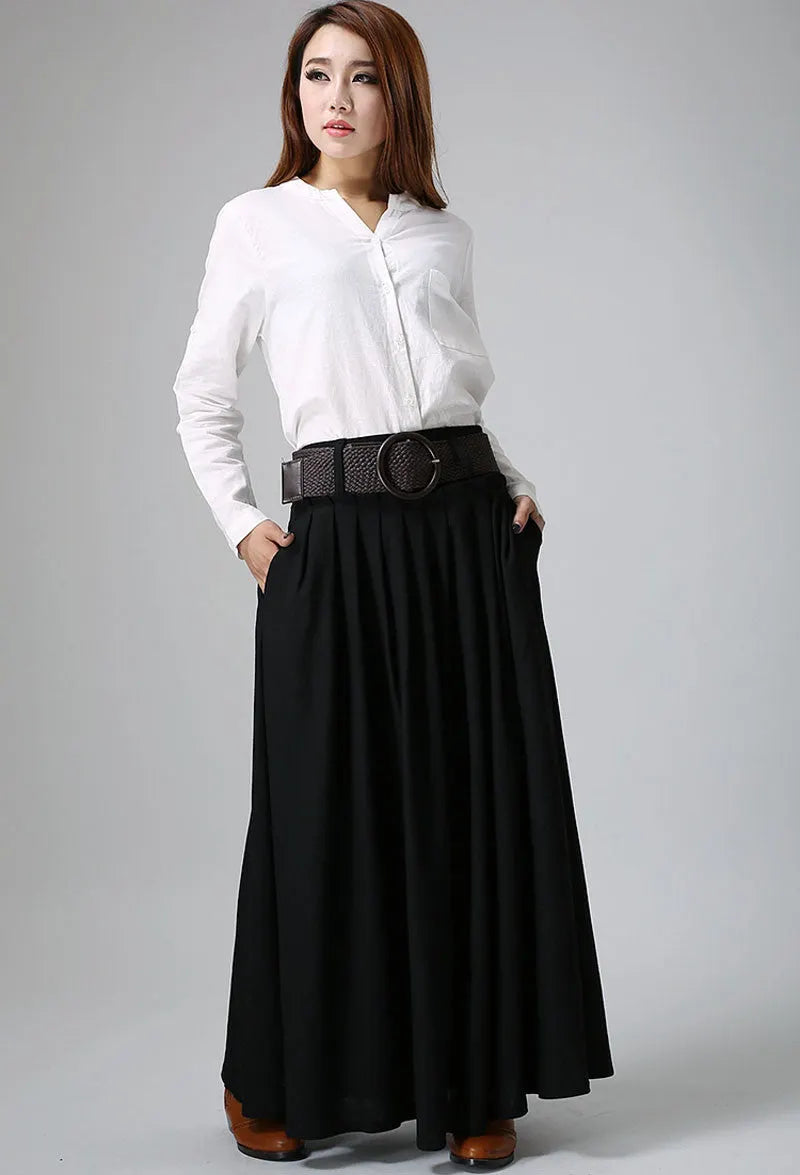 Handmade Black Maxi Skirt – Pleated A-Line Skirt with Pockets 