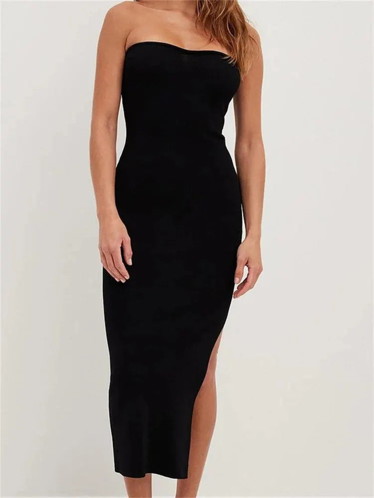 Sexy Women Tube Solid Strapless Off Shoulder Backless Summer Side Split Party Knitted Vestidos