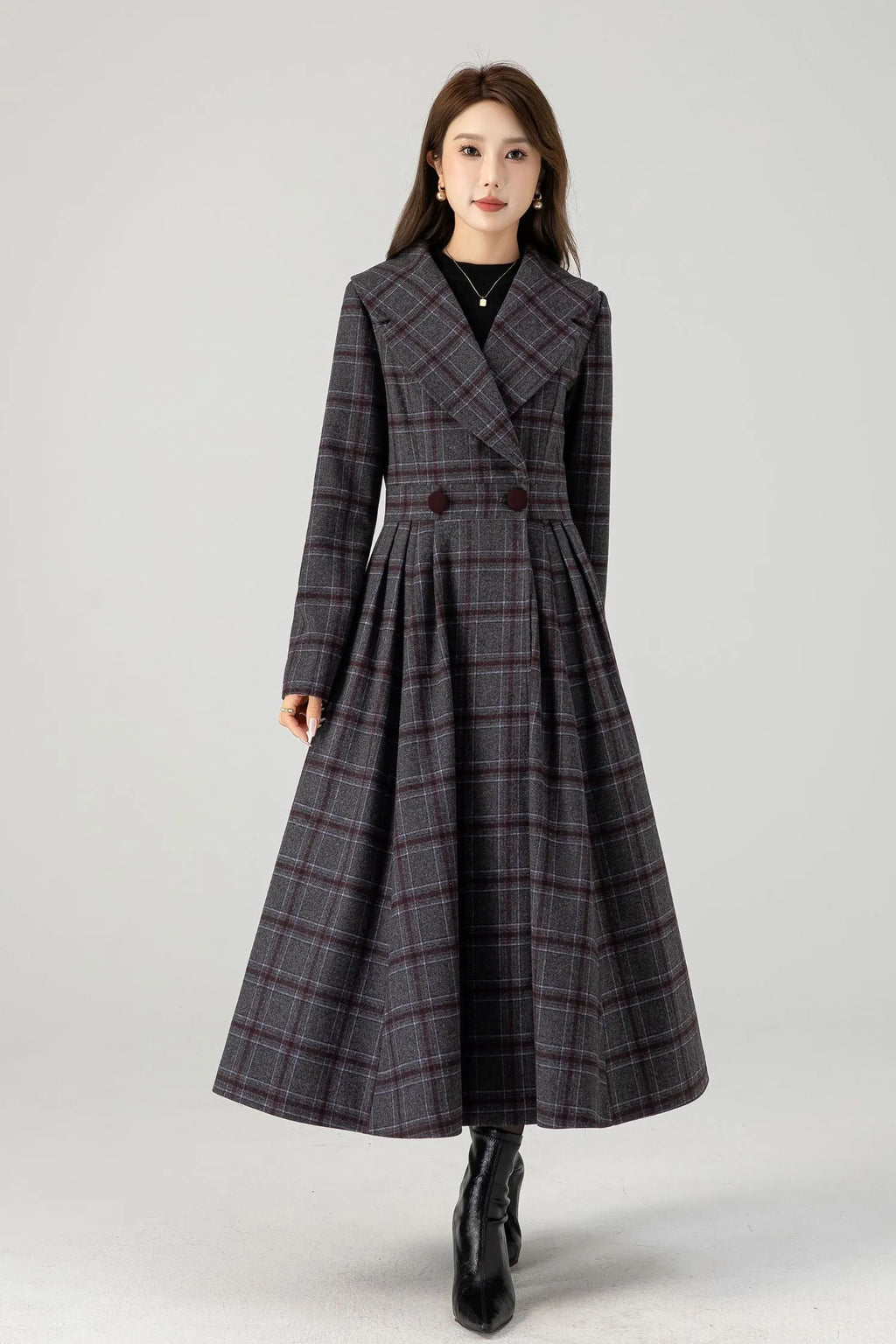Handmade Plaid Wool Coat – Vintage Fit & Flare Double-Breasted Winter Overcoat 