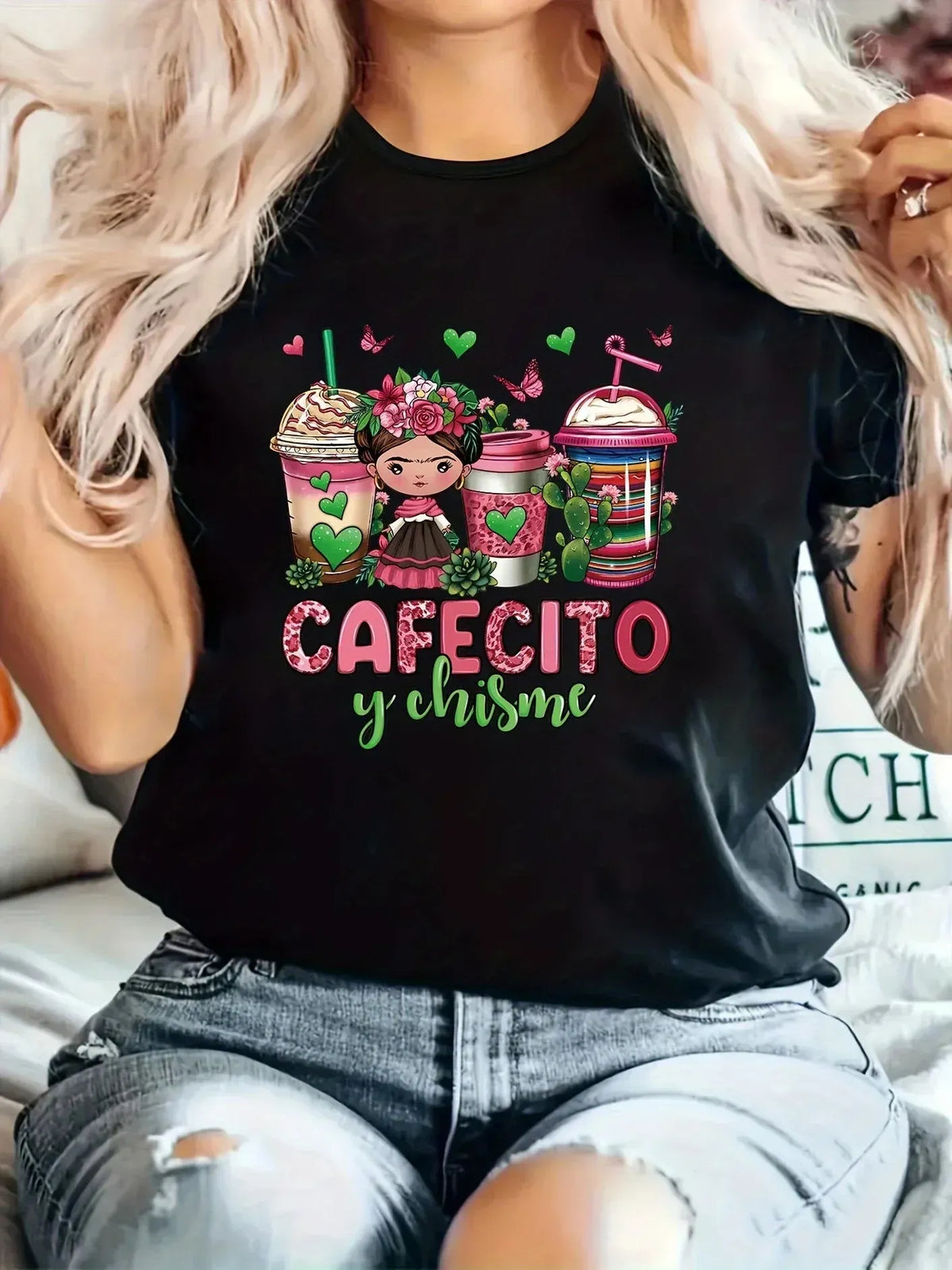 Coffee & Girl Printed - Casual All-Season Crew Neck Top with Belt Comfortable Polyester Blend Machine-Washable T-shirt