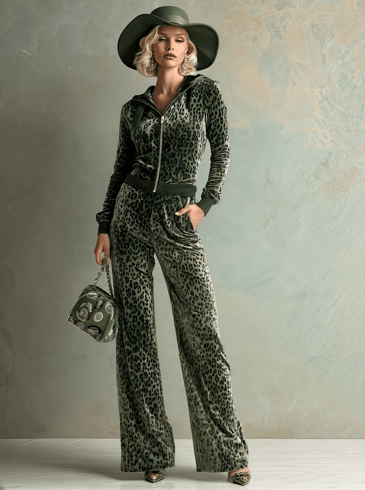 Retro Elegant Green Leopard Print Hooded Velvet Jumpsuit
