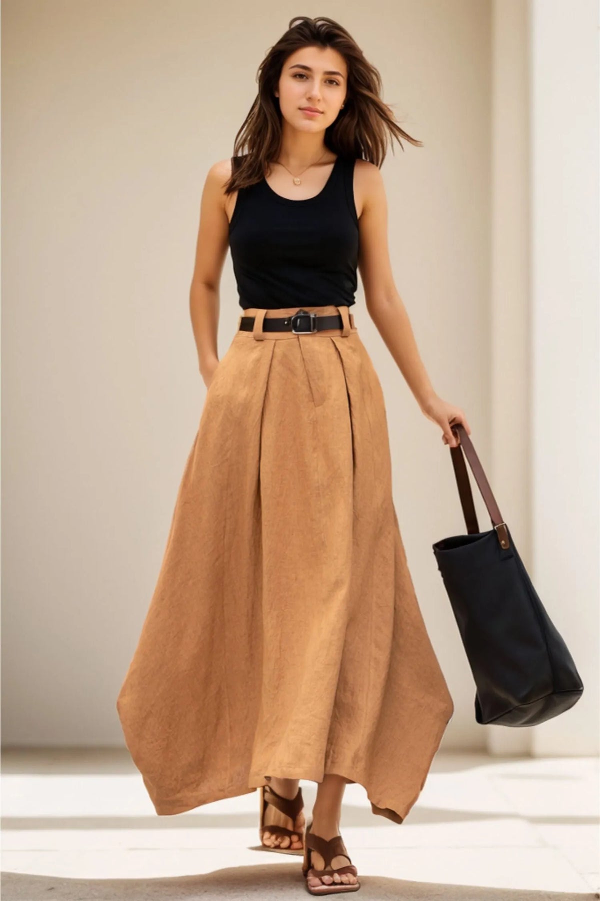 Handmade Linen Maxi Skirt – Camel High Waist A-Line Skirt with Pockets 