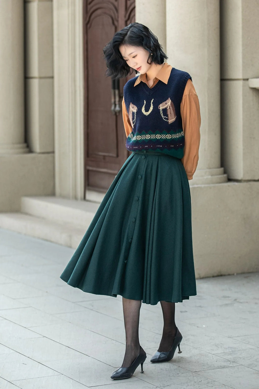 Dark Green Wool Midi Skirt - Flared A-Line with Elastic Waist 5311