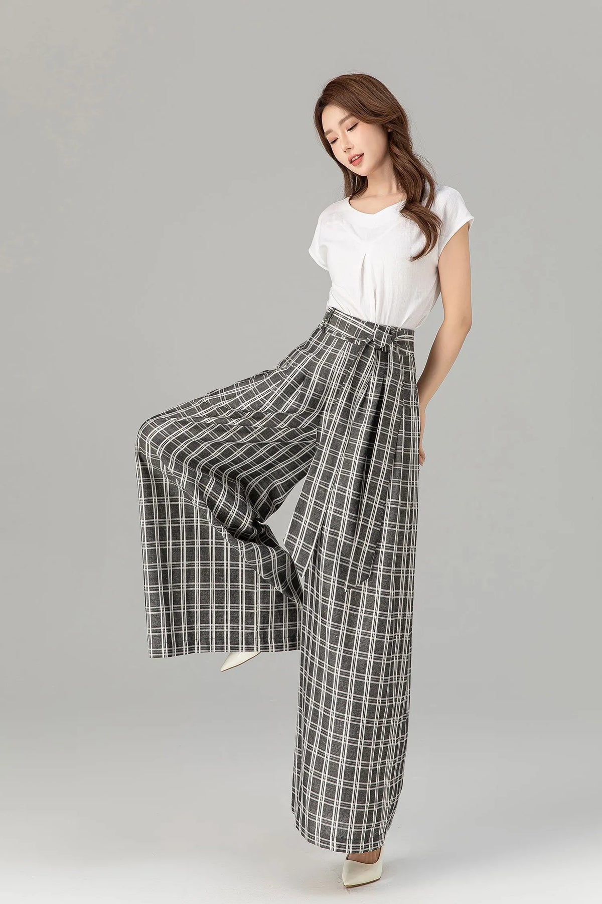 Black & White Linen Pants - Wide Leg, High Waisted with Tie Belt 4928