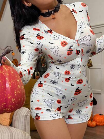 Halloween Ghost & Pumpkin Knitted V-Neck Pajama Romper