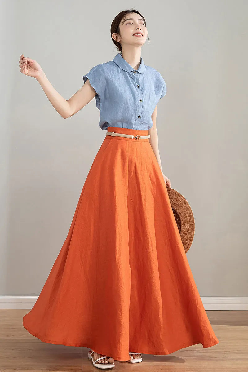 Orange Linen Skirt - High Waisted A-Line Midi Skirt 4215