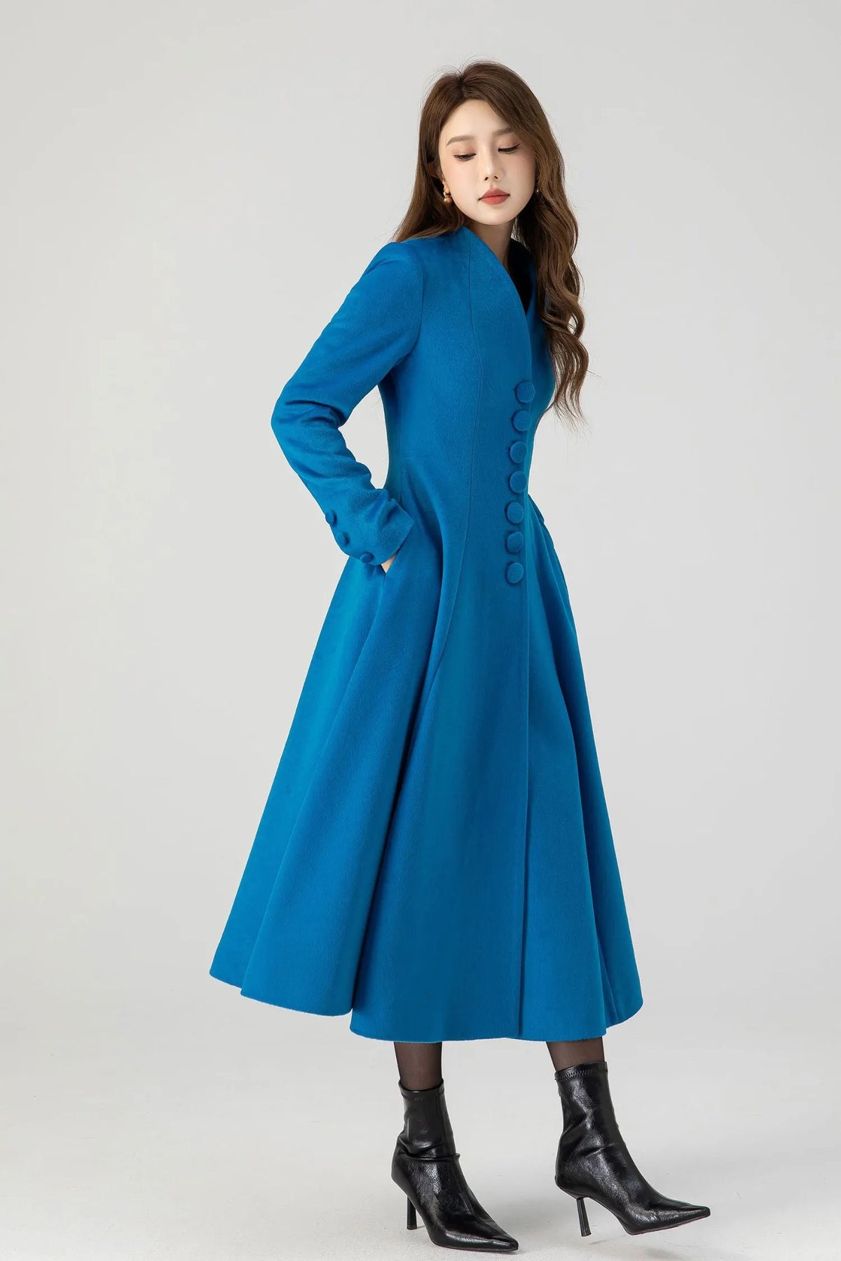 Blue Wool Swing Midi Coat - Double-Breasted Elegant Fit 4602