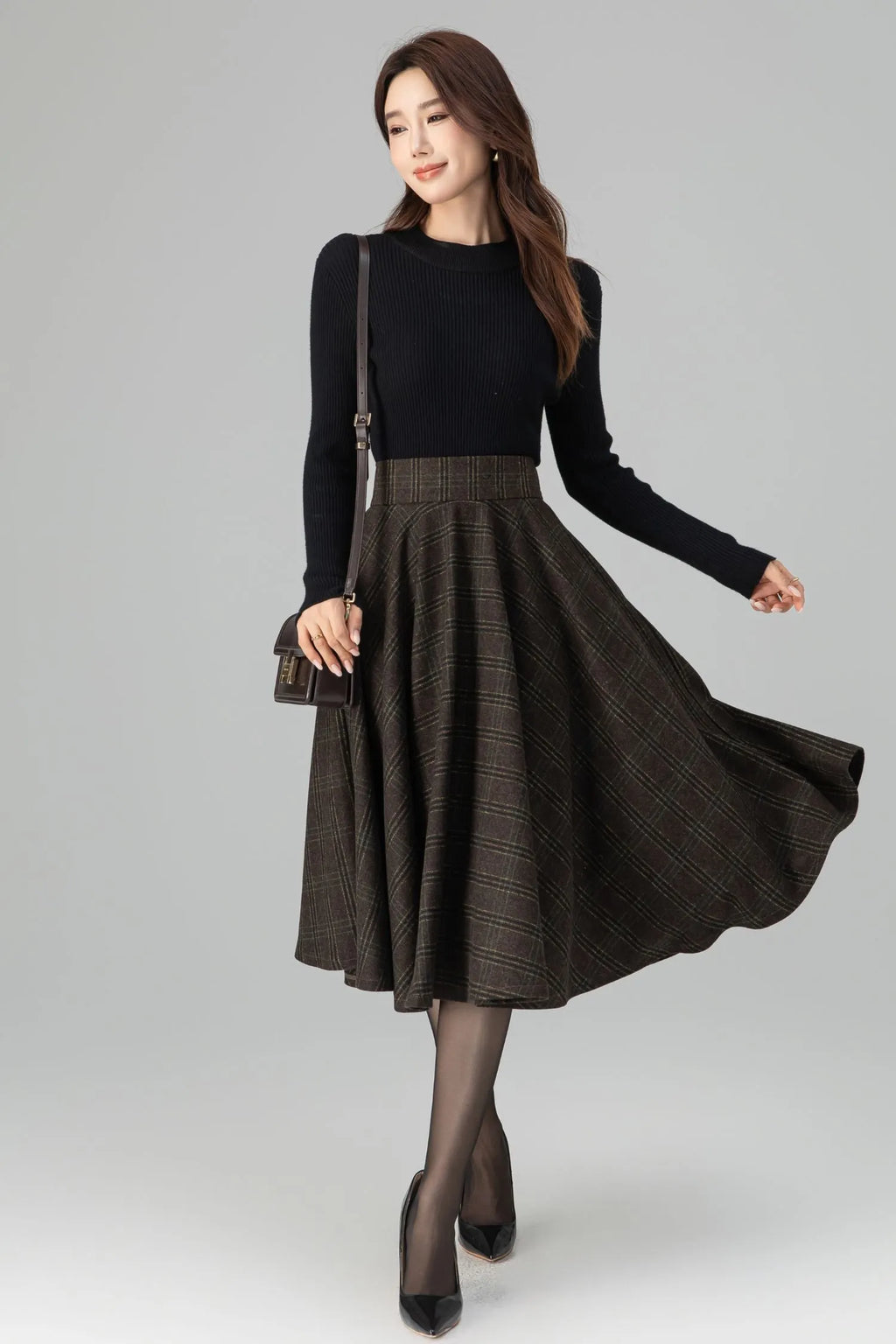 Brown Wool Midi Skirt - High-Waisted Wide Waistband Circle Silhouette 6396