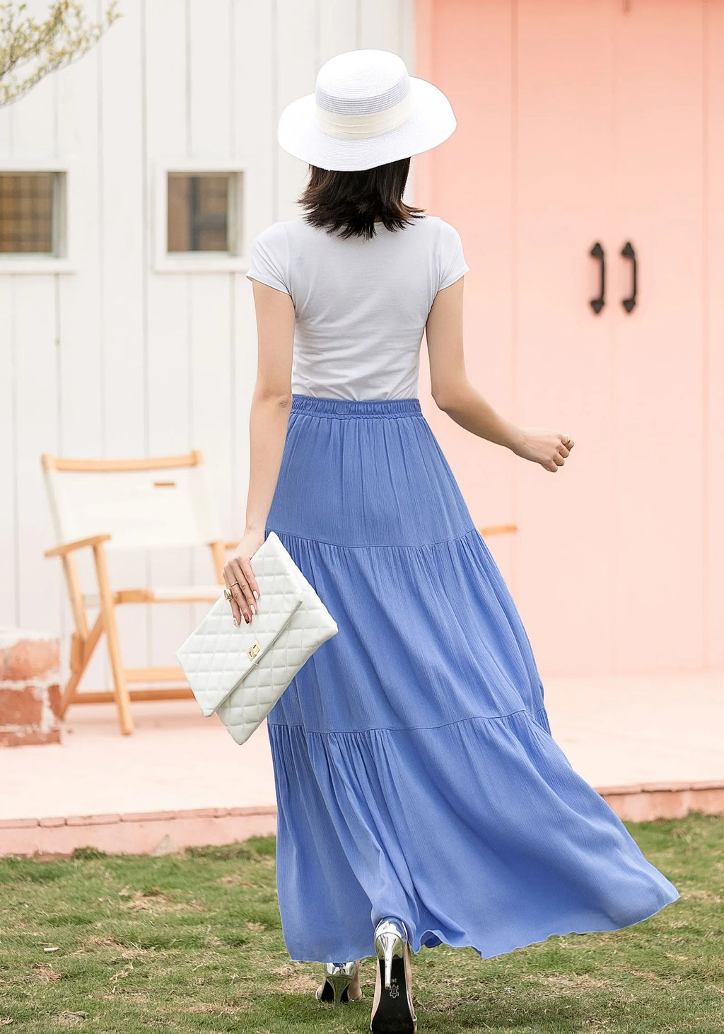 Blue Linen Cotton Maxi Skirt - Tiered, Elastic Waist 2717