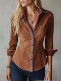 Women's Striped Placket Contrast Cuffs Slim Fit Rust Button Down Shirt