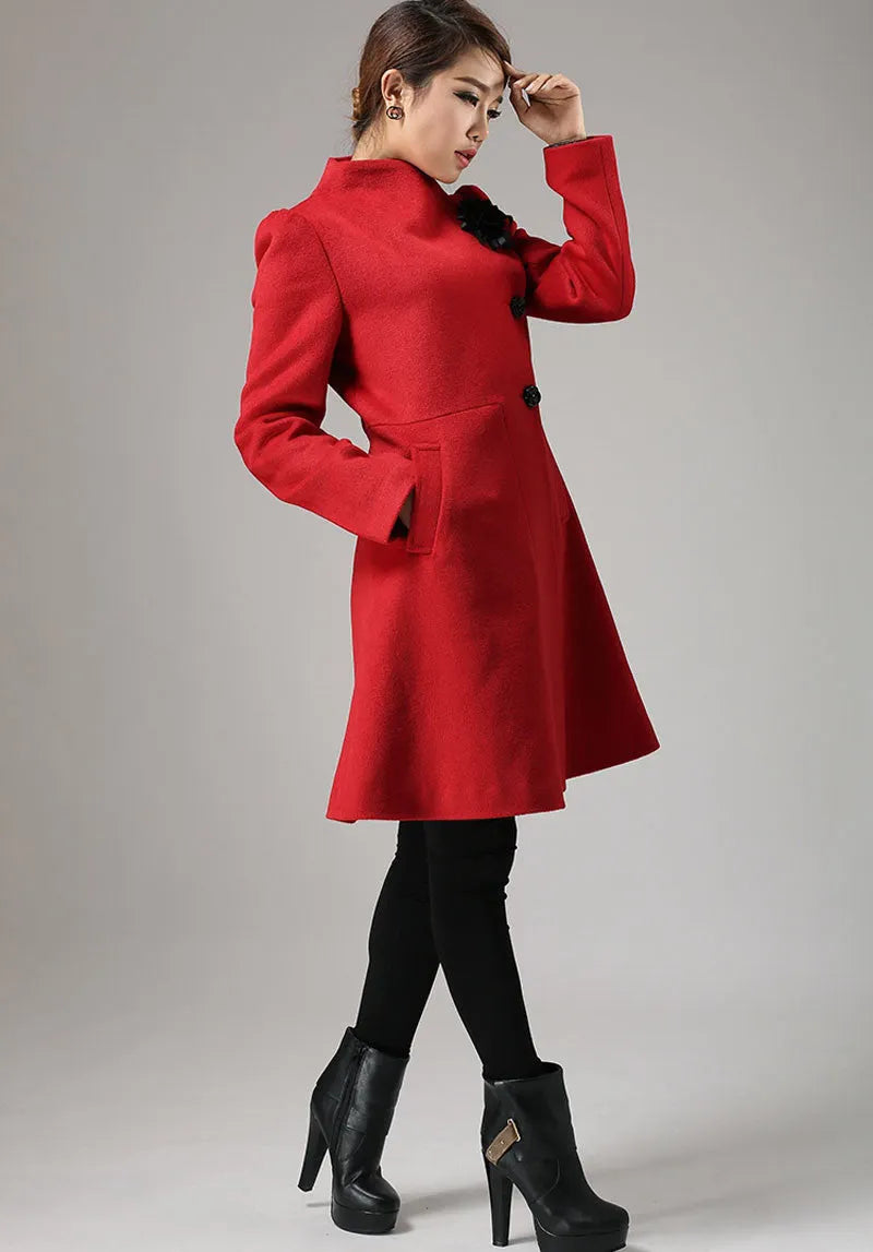 Red Wool Winter Coat – Vintage Fit and Flare Asymmetric Button Overcoat 734