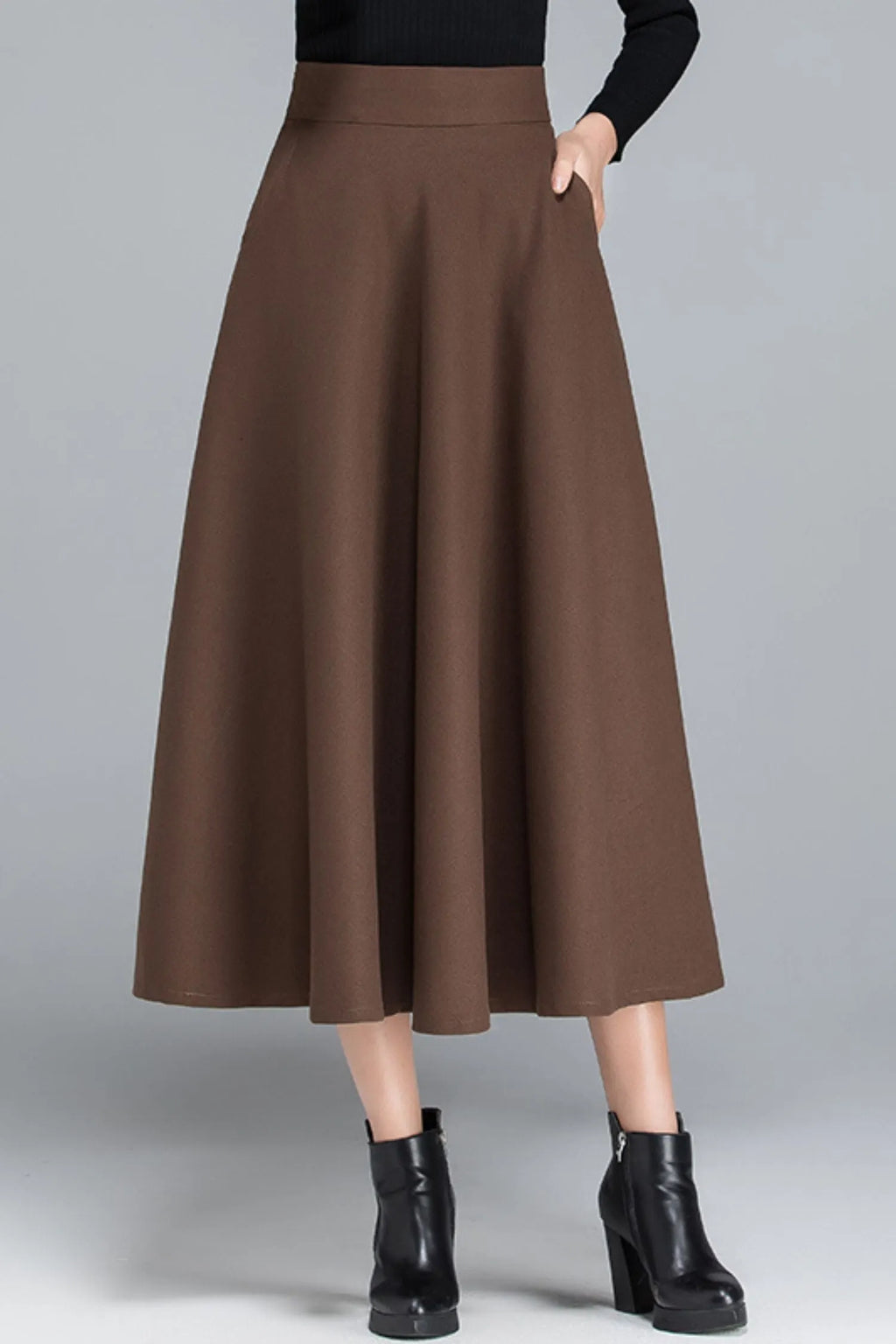 Polyester High Waist Midi Skirt - Pleated A-Line Lined 