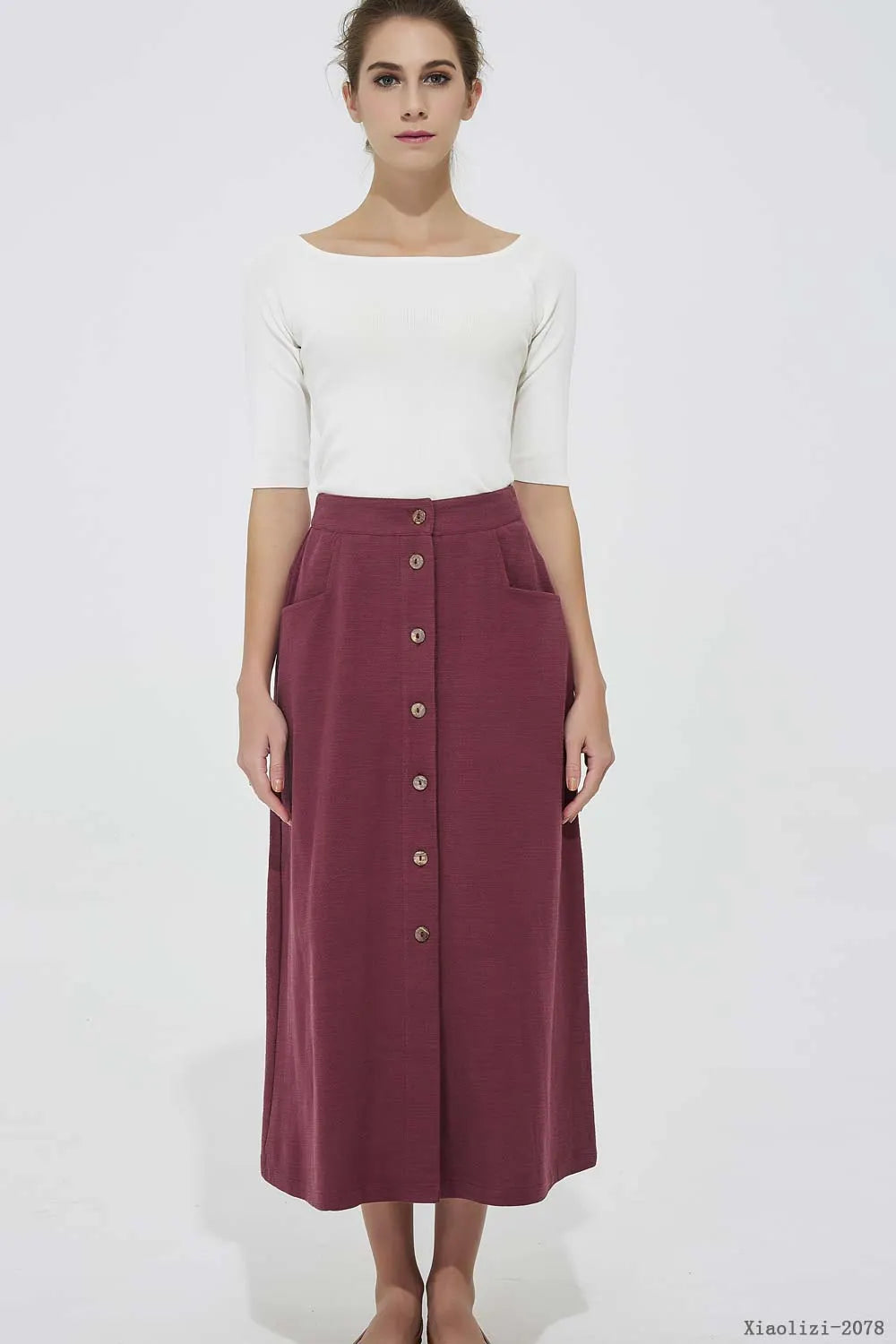 Wine Red Linen Midi Skirt - Button Front Fitted Waist 