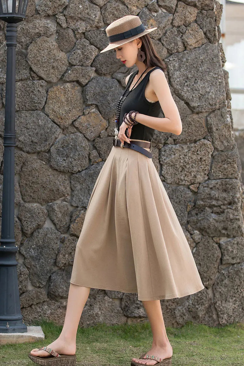 Navy Linen-Cotton A-Line Midi Skirt - Pleated High Waist with Pockets 2776