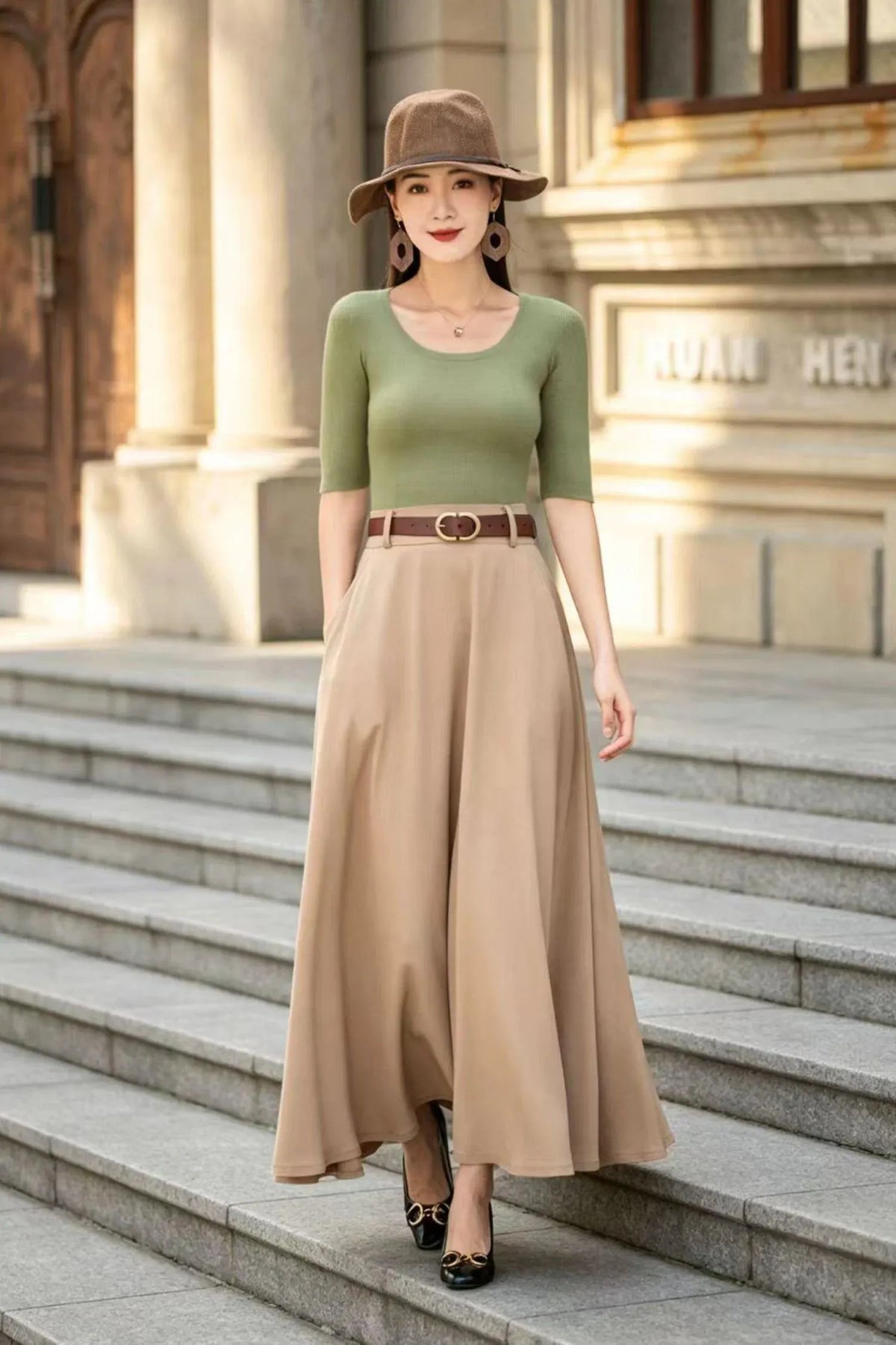 Khaki Cotton Blend Maxi Skirt - High-Waisted A-Line Swing Silhouette 6794