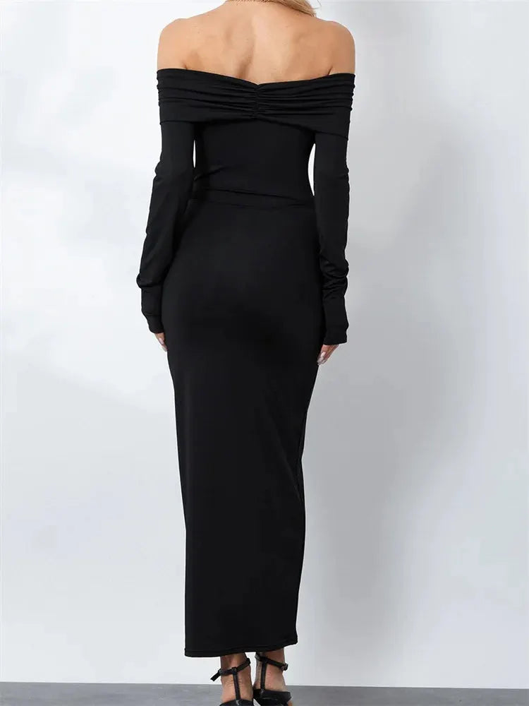 Women Ruched Slash Neck Off-shoulder Sleeve Solid Slim Fit Bodycon Cocktail Party Vestidos