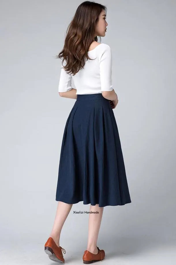 Elegant Navy Linen Midi Skirt – High-Waisted A-Line with Side Zipper 