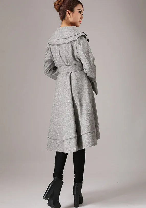 Wool Ruffled Coat – Women’s Vintage Belted Layered Hem Jacket 0763
